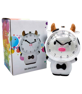 Tradineur - Reloj infantil analógico, despertador con diseño de vaca - Multifunciones - Fabricado en plástico resistente - 20 x 15 x 12 cm