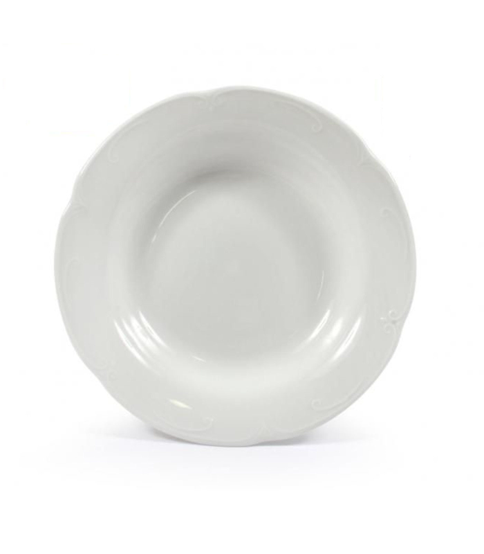 Plato hondo "kamelia" con diseño elegante de color blanco y de 22 cm de diámetro y 4 cm de alto. Recipiente para servir comida, especial potajes y sopas, de bonito diseño.