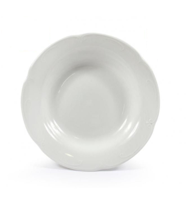 Plato hondo "kamelia" con diseño elegante de color blanco y de 22 cm de diámetro y 4 cm de alto. Recipiente para servir comida, especial potajes y sopas, de bonito diseño.