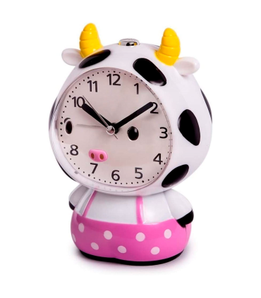 Tradineur - Reloj analógico infantil, despertador con diseño de vaca - Multifunciones - Fabricado en plástico resistente - 20 x 15 x 12 cm - Color Rosa