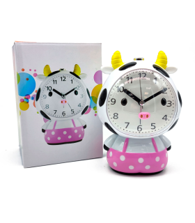 Tradineur - Reloj analógico infantil, despertador con diseño de vaca - Multifunciones - Fabricado en plástico resistente - 20 x 15 x 12 cm - Color Rosa