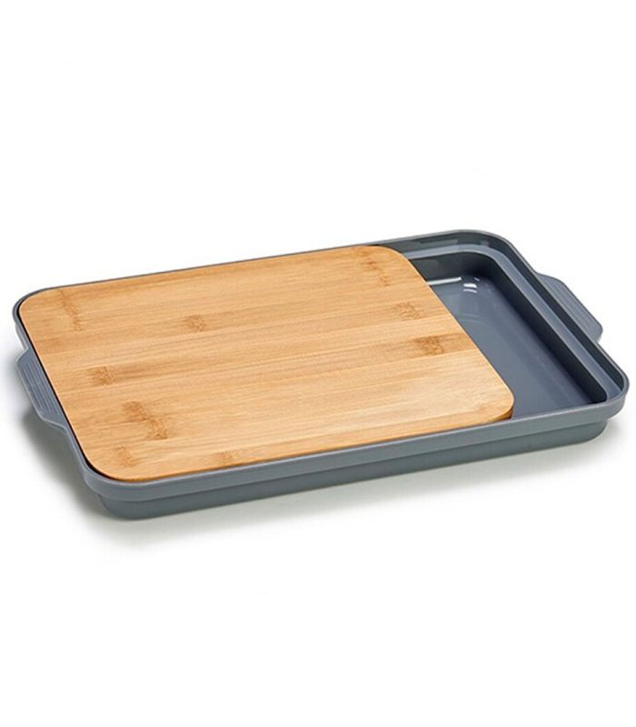 Tradineur - Tabla de cortar de bambú con bandeja inferior de 2 compartimentos, duradera y resistente, natural, ecológico, fácil de limpiar, cocina, 37,5 x 24 x 3,5 cm, color aleatorio