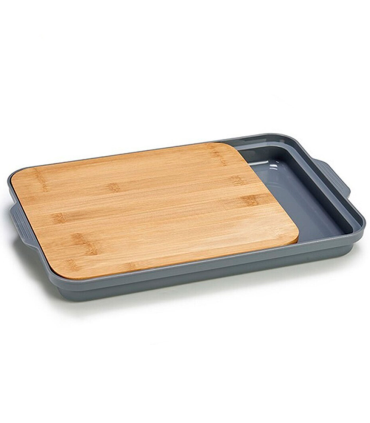 Tradineur - Tabla de cortar de bambú con bandeja inferior de 2 compartimentos, duradera y resistente, natural, ecológico, fácil de limpiar, cocina, 37,5 x 24 x 3,5 cm, color aleatorio