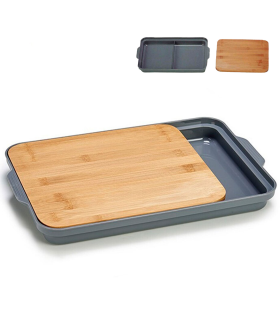 Tradineur - Tabla de cortar de bambú con bandeja inferior de 2 compartimentos, duradera y resistente, natural, ecológico, fácil de limpiar, cocina, 37,5 x 24 x 3,5 cm, color aleatorio