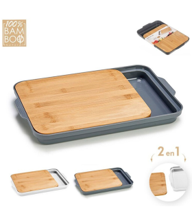 Tradineur - Tabla de cortar de bambú con bandeja inferior de 2 compartimentos, duradera y resistente, natural, ecológico, fácil de limpiar, cocina, 37,5 x 24 x 3,5 cm, color aleatorio