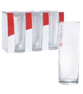 Tradineur - Set de 6 vasos de tubo de cristal, base gruesa, aptos para lavavajillas, agua, bebidas, refrescos, 16,3 x 5,8 cm, 31 cl