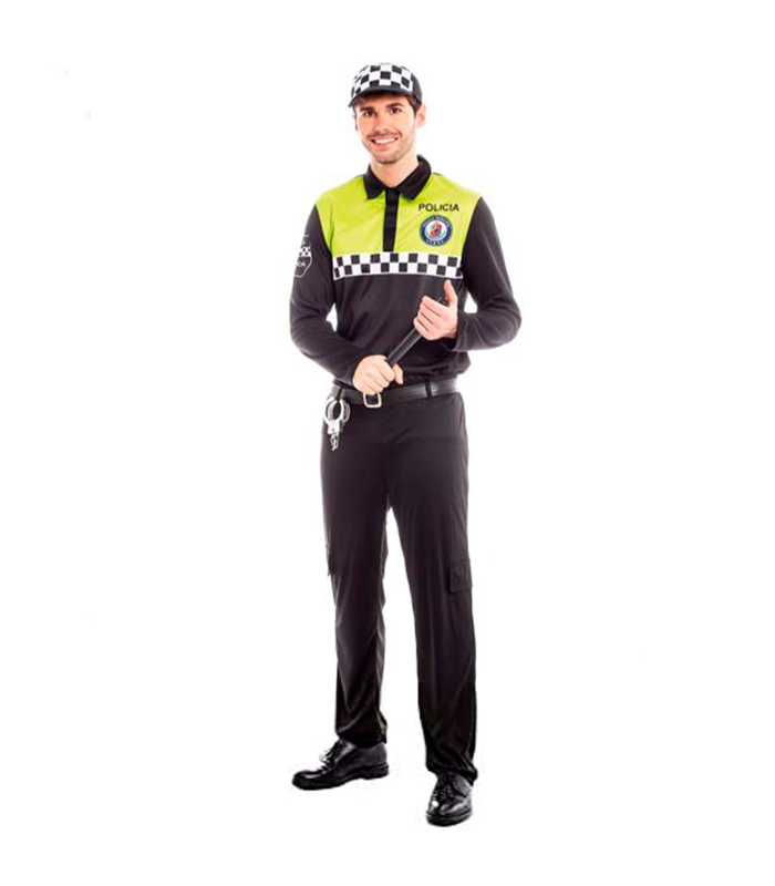 Tradineur - Disfraz de policía para adulto, agente policía local, fibra sintética, incluye camiseta, pantalón, gorra y cinturón, carnaval, Halloween, cosplay (Hombre, Talla L)