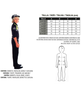 Tradineur - Disfraz policía infantil, agente policía local, fibra sintética, incluye camiseta, pantalón, gorra y cinturón, carnaval, Halloween, cosplay, niños (10-12 años)