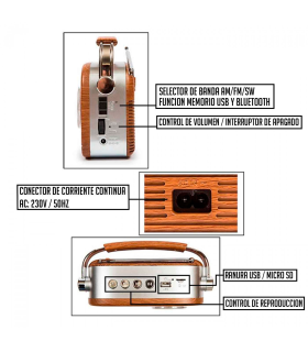 Tradineur - Radio vintage "Jazz" con asa - Sintonizador AM/FM/SW - Sintonizador con Indicador - Batería recargable - Bluetooth - Conector USB / Micro SD