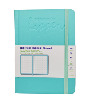 Tradineur - Libreta con goma, cuaderno, bloc de notas, tapa dura y 80 hojas blancas, incluye marcapáginas, sobre porta-documentos y 2 hojas de pegatinas (A6, 14,5 x 10,5 cm, color aleatorio)