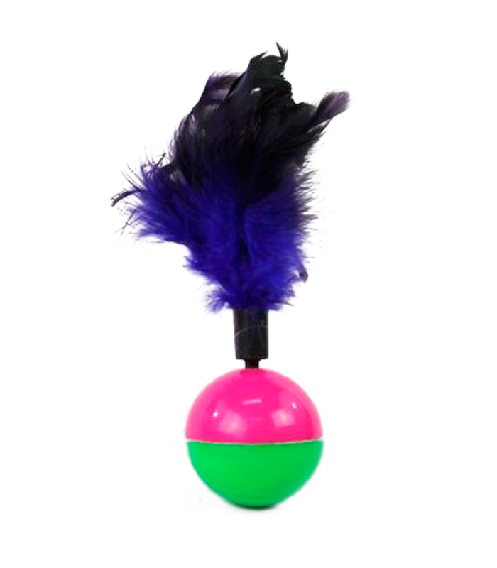 Tradineur - Pelota de plástico con plumas para gatos - Fabricado en España - Juguetes para animales domésticos - Ø 5,5 cm- Color Surtido