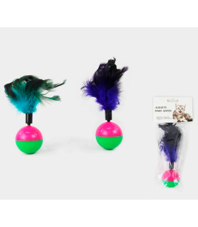 Tradineur - Pelota de plástico con plumas para gatos - Fabricado en España - Juguetes para animales domésticos - Ø 5,5 cm- Color Surtido