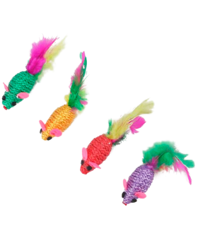 Tradineur - Pack de 2 Ratones de juguete para gatos - Fabricado en España - incluye plumas - 2 x 2,5 x 5 cm - Color Surtido