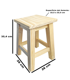 Tradineur - Taburete cuadrado de madera natural sin tratar, banqueta con reposapiés, estable y robusto, hogar, 35,4 x 22,5 x 22,5 cm