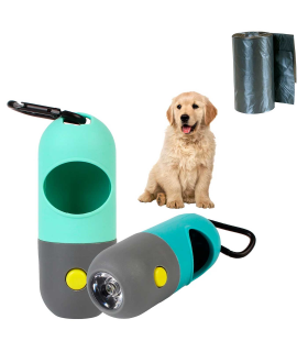 Tradineur - Dispensador de bolsas para excrementos de perro con linterna LED incorporada, clip de metal para correa y un rollo de bolsas, portabolsas de caca, mascotas, color aleatorio