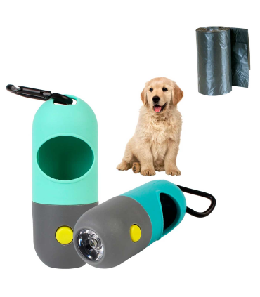 Tradineur - Dispensador de bolsas para excrementos de perro con linterna LED incorporada, clip de metal para correa y un rollo de bolsas, portabolsas de caca, mascotas, color aleatorio