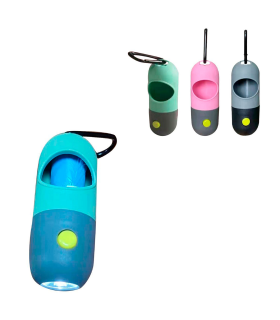 Tradineur - Dispensador de bolsas para excrementos de perro con linterna LED incorporada, clip de metal para correa y un rollo de bolsas, portabolsas de caca, mascotas, color aleatorio