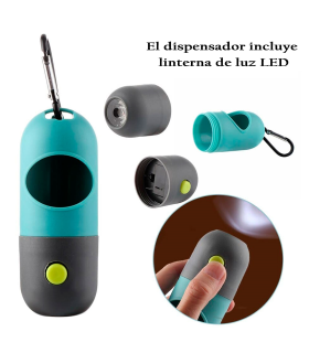 Tradineur - Dispensador de bolsas para excrementos de perro con linterna LED incorporada, clip de metal para correa y un rollo de bolsas, portabolsas de caca, mascotas, color aleatorio