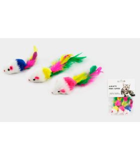 Tradineur - Pack de 3 Ratones con plumas para gatos - Fabricado en España - Juguetes para animales domésticos - Longitud de 5 cm - Color Aleatorio