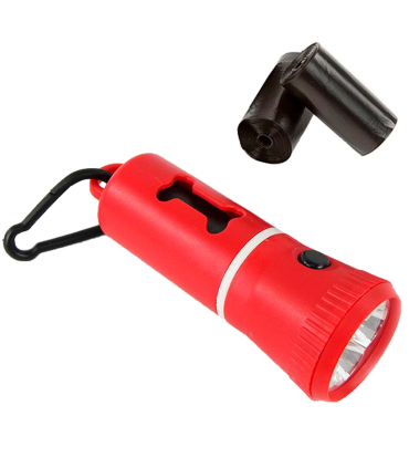 Tradineur - Linterna LED con dispensador de bolsas para excrementos de perro, clip para correa y 3 rollos de bolsas, portabolsas de caca, mascotas, 10,5 x 4,5 cm, color aleatorio