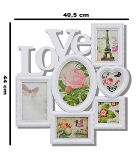 Tradineur - Multimarco para 6 fotos "Love", plástico, marco múltiple de pared para fotografías de distintos tamaños, portafotos, decoración del hogar, recuerdos (Blanco, 44 x 40,5 cm)