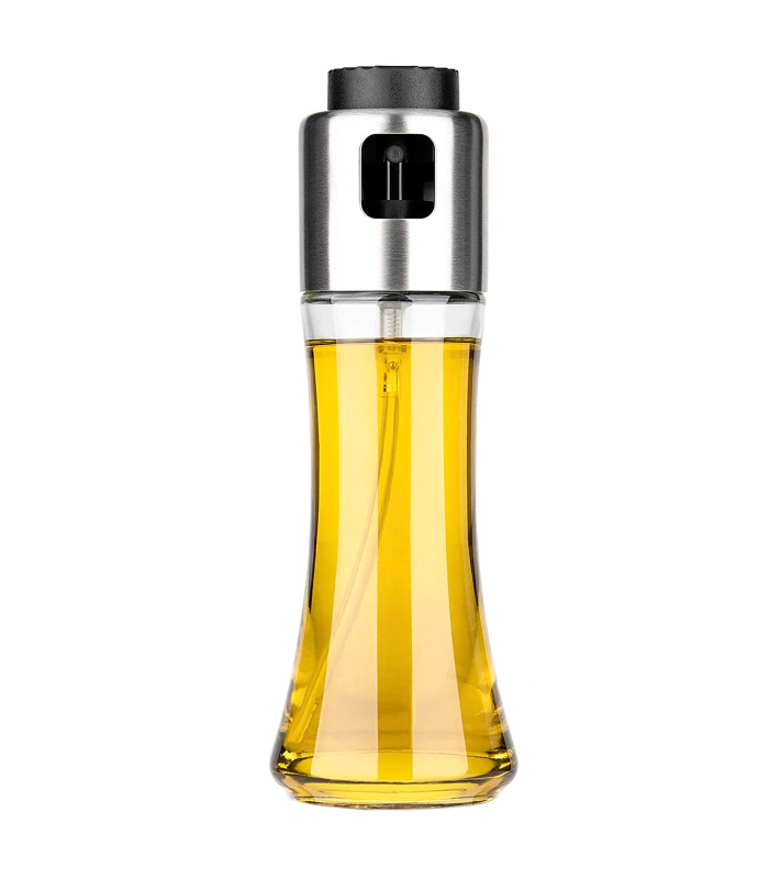 Tradineur - Aceitera de cristal con spray, elaboración artesanal, dispensador de aliño rellenable con pulverizador, aceite, vinagre, ensaladas, barbacoa - 18,7 x 6,5 cm - 180 ml