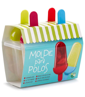 Tradineur - Molde de helados, 4 polos, molde de polipropileno reutilizable, 1 pieza, fácil liberación, sin BPA, apto para lavavajillas, fabricado en España, 15 x 15,5 x 9,7 cm, colores surtidos