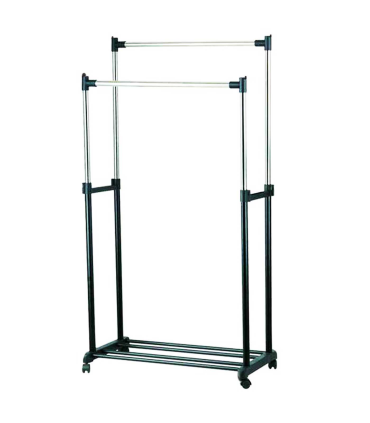 Perchero metalico extensible doble con ruedas, 78 x 42 x 159 cm. burro regulable de acero doble con ruedas