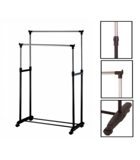 Perchero metalico extensible doble con ruedas, 78 x 42 x 159 cm. burro regulable de acero doble con ruedas