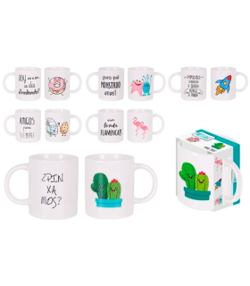 Tradineur - Taza de cerámica con dibujos y frases divertidas, taza para café, té, infusiones, desayuno, apta para lavavajillas y microondas, regalo original, 350 ml, modelo aleatorio