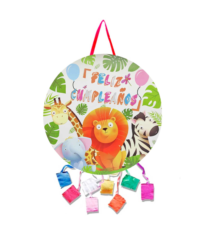 Tradineur - Piñata redonda de feliz cumpleaños con animales, cartón, rellenar con golosinas, chuches, decoración infantil para fiestas, niños, Ø 43 cm