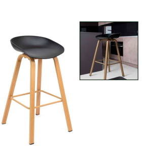 Tradineur - Taburete de madera con asiento de plástico, incluye reposapiés y conteras antideslizantes, banqueta para interior, cocina, bar, cafetería, hogar (Negro, 86 x 52 x 47 cm)