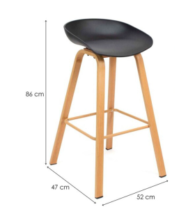 Tradineur - Taburete de madera con asiento de plástico, incluye reposapiés y conteras antideslizantes, banqueta para interior, cocina, bar, cafetería, hogar (Negro, 86 x 52 x 47 cm)