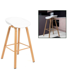 Tradineur - Taburete de madera, asiento de plástico, incluye reposapiés y conteras antideslizantes, banqueta para interior, cocina, bar, cafetería, hogar (Blanco, 86 x 52 x 47 cm)