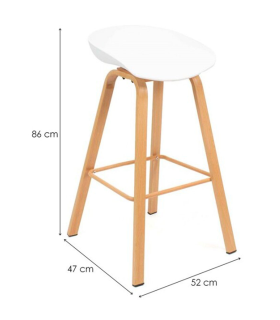 Tradineur - Taburete de madera, asiento de plástico, incluye reposapiés y conteras antideslizantes, banqueta para interior, cocina, bar, cafetería, hogar (Blanco, 86 x 52 x 47 cm)