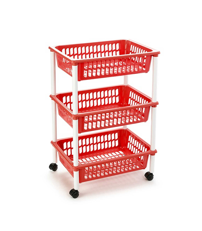 Tradineur - Carro verdulero rojo modelo PLFT con ruedas 3 cestas 40 x 30 x 61,5 cm . Carrito portaobjetos estantes multiusos para organizar los espacios domésticos