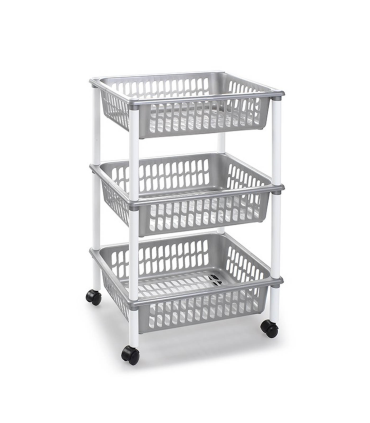 Tradineur - Carro verdulero gris plata modelo PLFT con ruedas 3 cestas 40 x 30 x 61,5 cm. Carrito portaobjetos estantes multiusos para organizar los espacios domésticos