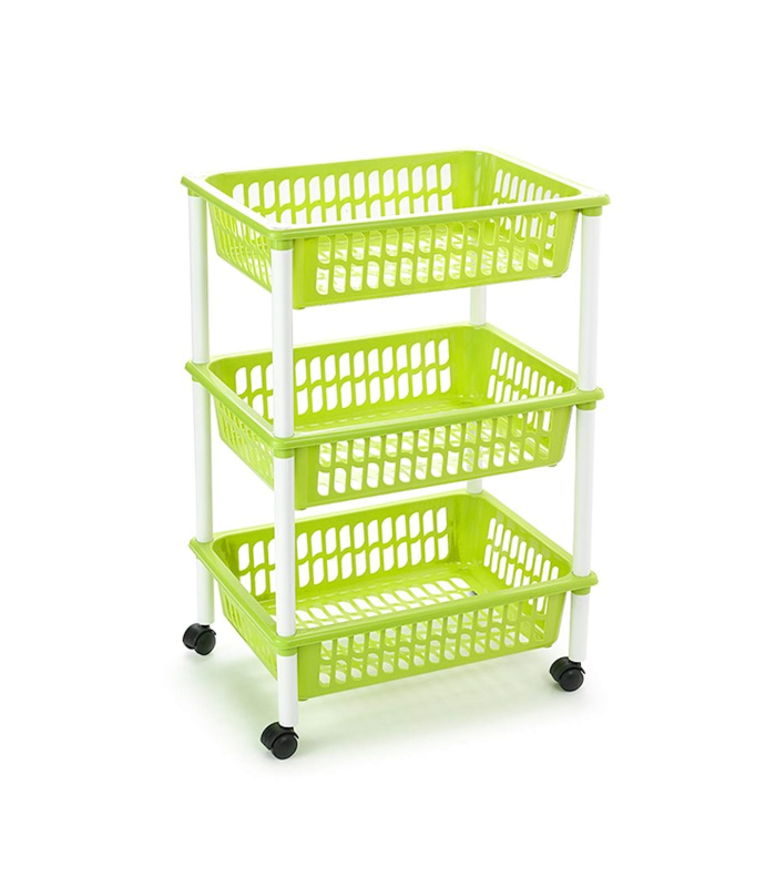 Tradineur -  Carro verdulero verde pistacho modelo PLFT 3 cestas y ruedas 40 x 30 x 61,5 cm . Carrito portaobjetos estantes multiusos para organizar los espacios domésticos