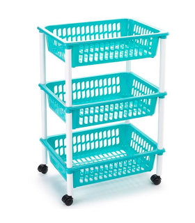 Tradineur - Carrito verdulero modelo PLFT de plástico con 3 cestas y ruedas, portaobjetos, organizador de frutas, verduras (Turquesa, 61,5 x 40 x 30 cm)