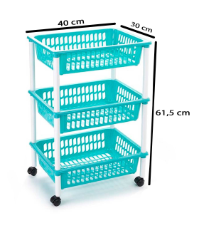 Tradineur - Carrito verdulero modelo PLFT de plástico con 3 cestas y ruedas, portaobjetos, organizador de frutas, verduras (Turquesa, 61,5 x 40 x 30 cm)