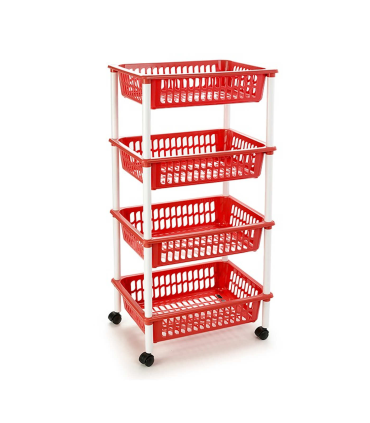 Tradineur -  Carro verdulero rojo modelo PLFT con ruedas 4 cestas 85 x 40 x 30 cm . Carrito portaobjetos estantes multiusos para organizar los espacios domésticos