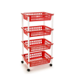 Tradineur -  Carro verdulero rojo modelo PLFT con ruedas 4 cestas 85 x 40 x 30 cm . Carrito portaobjetos estantes multiusos para organizar los espacios domésticos