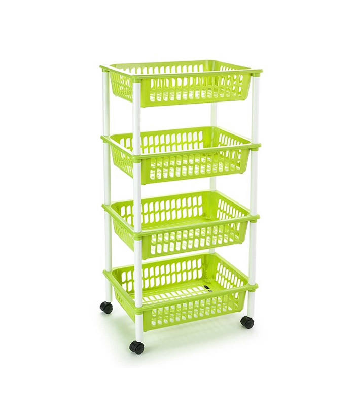 Tradineur -  Carro verdulero verde pistacho modelo PLFT con ruedas 4 cestas 85 x 40 x 30 cm . Carrito portaobjetos estantes multiusos para organizar los espacios domésticos