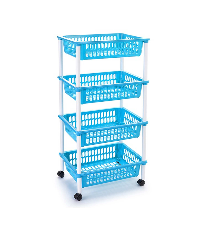 Tradineur -  Carro verdulero azul claro modelo PLFT con ruedas 4 cestas 85 x 40 x 30 cm . Carrito portaobjetos estantes multiusos para organizar los espacios domésticos