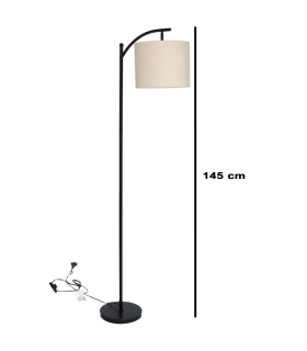 Tradineur - Lámpara de pie de metal con tulipa de tela, lámpara decorativa con interruptor de cable y enchufe, casquillo E27, 40W, sala de estar, dormitorio (Negro y beige claro, 145 x 25 cm)