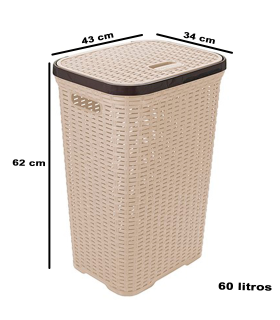 Tradineur - Cesto para la ropa sucia con tapa y asas, pongotodo rattan de plástico, cubo para colada, imitación de mimbre, fabricado en España (Beige con aro wengué, 60 litros, 62 x 43 x 34 cm)