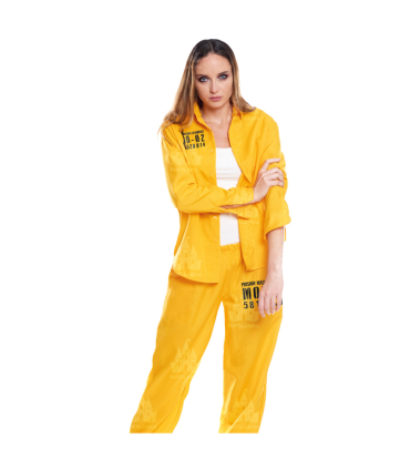 Disfraz de prisionera color amarillo con letras negras para jóvenes y adultos para carnaval, halloween, celebraciones, talla M