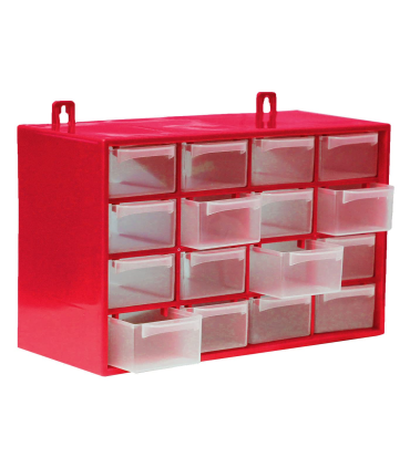 Tradineur - Clasificador apilable con 16 cajones 17 x 27 x 12 cm. Módulo, estante organizador de plástico para piezas pequeñas, taller, costura, color aleatorio