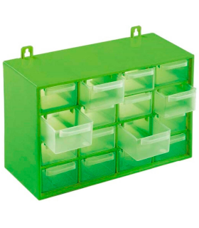 Tradineur - Clasificador apilable con 16 cajones 17 x 27 x 12 cm. Módulo, estante organizador de plástico para piezas pequeñas, taller, costura, color aleatorio