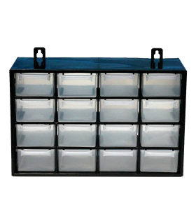 Tradineur - Clasificador apilable con 16 cajones 17 x 27 x 12 cm. Módulo, estante organizador de plástico para piezas pequeñas, taller, costura, color aleatorio